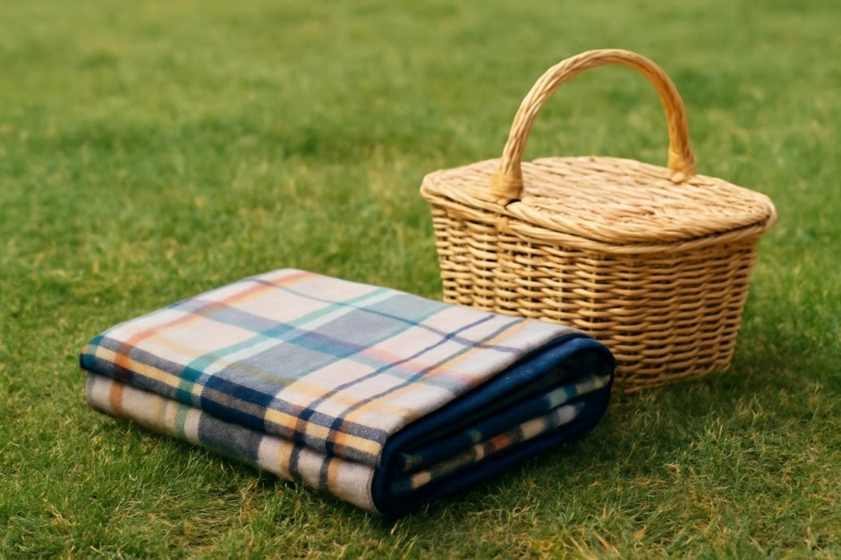 A folded picnic blanket on grass with a low basket