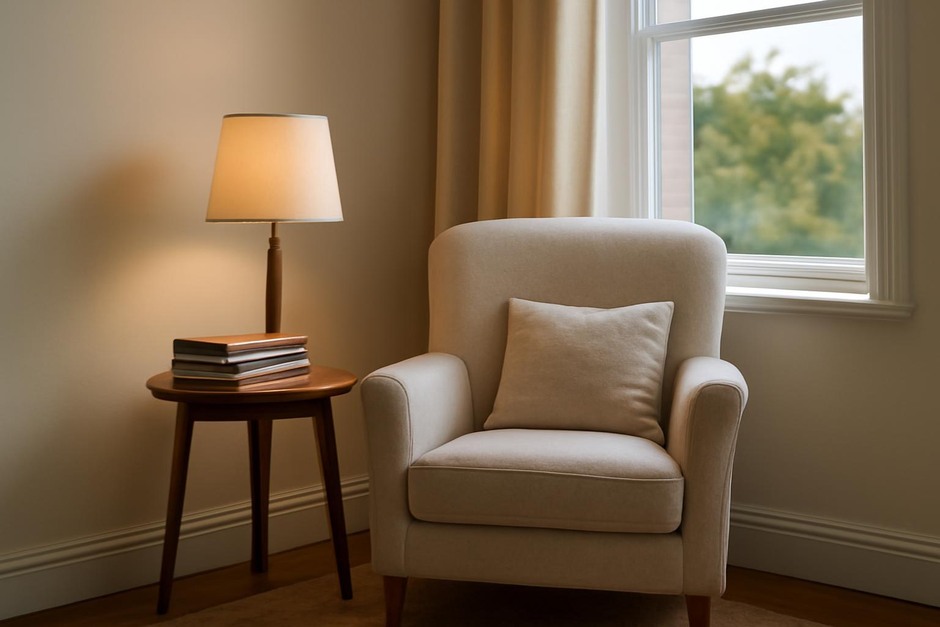 A small armchair by a window with a lamp and a stack of books