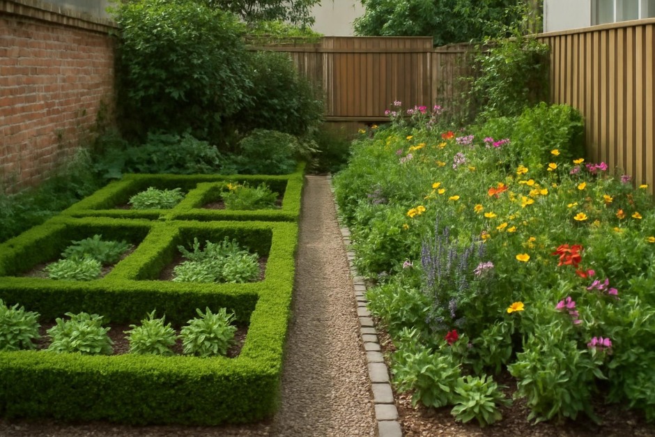 Two small garden plots, one formal parterre with geometric beds and one informal cottage-style with mixed flowers