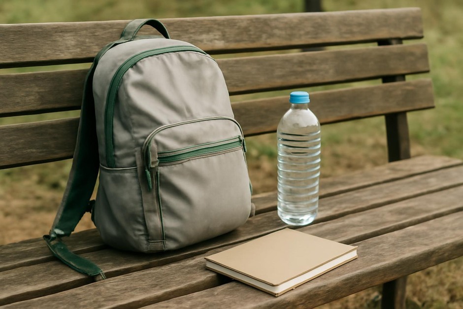 Small daypack on a bench with a water bottle and notebook