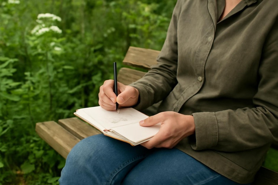Person writing in a small notebook on a park bench surrounded by plants