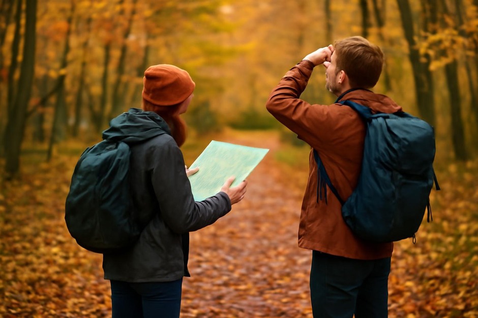 Two walkers on a leaf-strewn path, one following a map and one stopping to look around