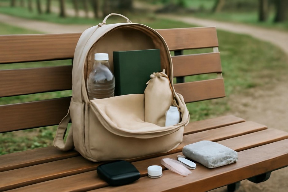 A small backpack opened on a park bench with neatly arranged items for a walking kit