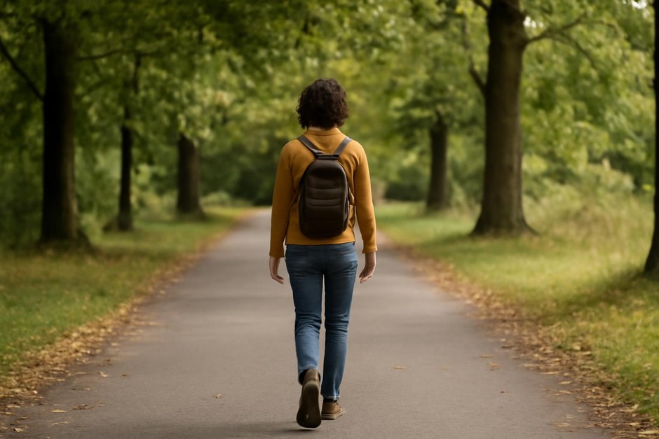 Person walking along a tree-lined path with a small backpack